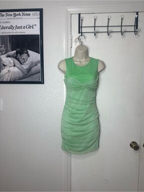 Zara Sleeveless Light Green Ruched Mesh Mini Dress